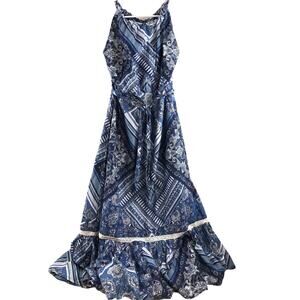 Lucky Brand Boho Paisley Maxi Dress Blue Halter Flounce Tiered Hem Pockets Sz Sm